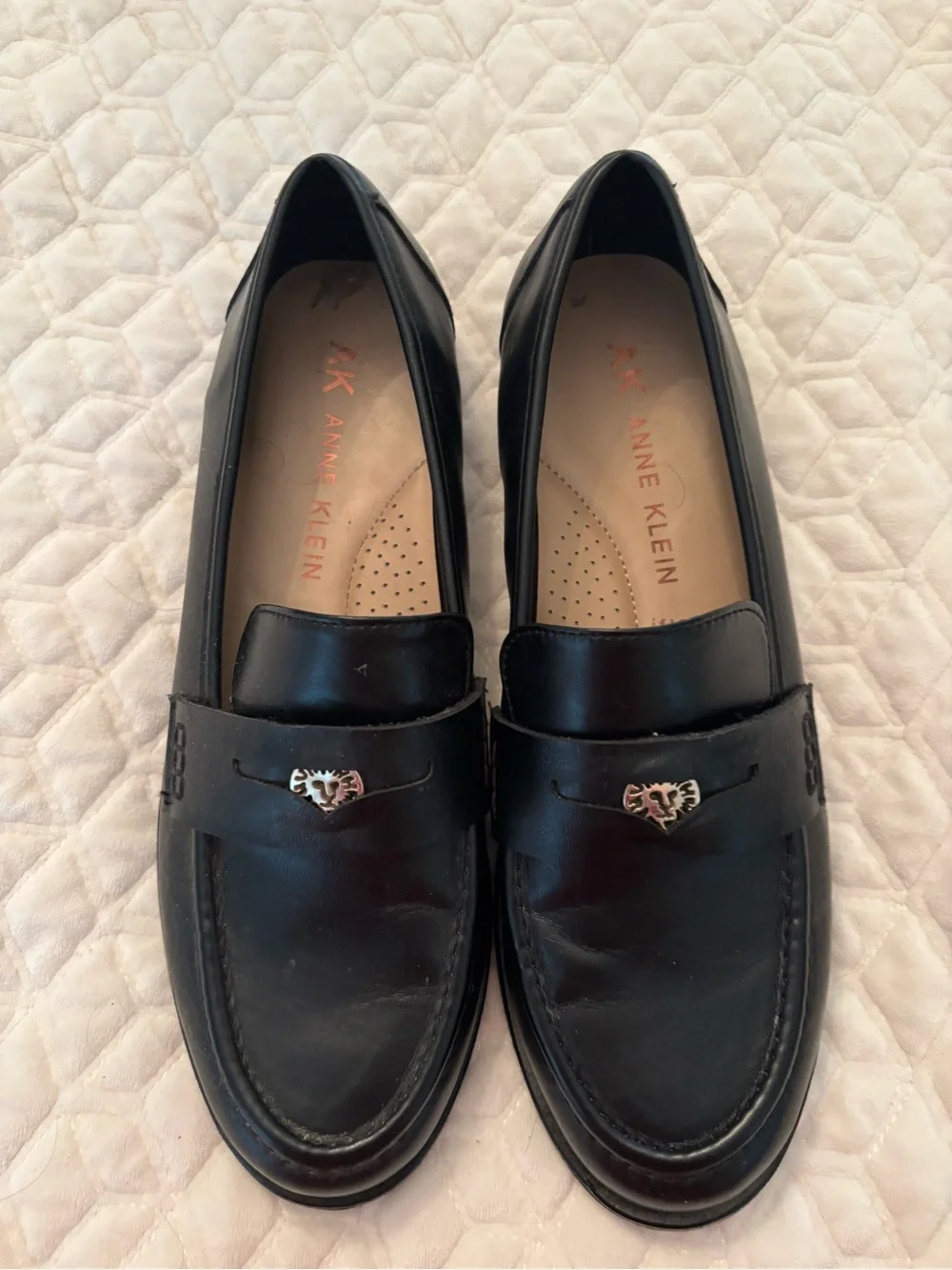 Anne Klein Black Leather Classic Penny Loafers with Silver Accent